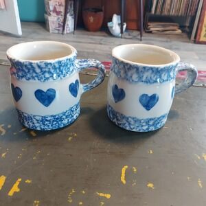 Ohio Stoneware Blue Heart Sponge-ware Mugs Set of 2 Zanesville USA Made 3.5x3"